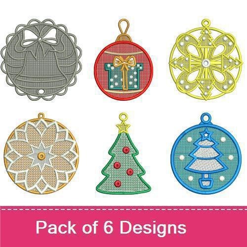 FSL Christmas Ornament Embroidery Designs Bundle – Gift Ornament, Snowflake Ornament, Bell Ornament & More (6 Designs)