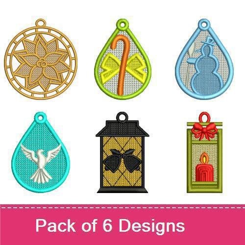 FSL Holiday Ornaments Embroidery Bundle – Candle, Candy Cane, Snowman & More (6 Designs)
