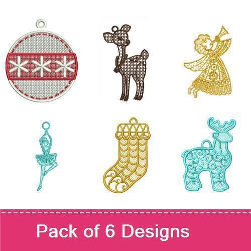 FSL Festive Lace Ornaments Embroidery Designs Bundle – Lace, Deer, Angel & More (6 Designs)