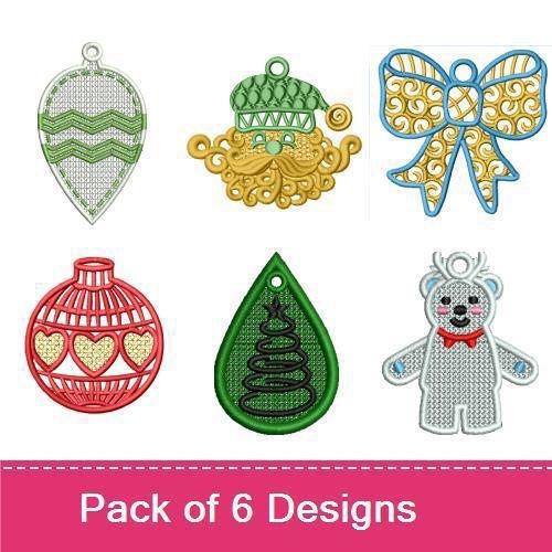 FSL Festive Holiday Ornaments Embroidery Designs Bundle – Bear, Bow, Acorn, Red Heart & More (6 Designs)