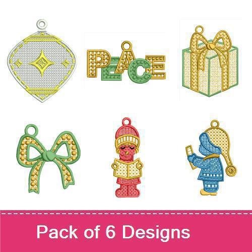 FSL Holiday Decor Embroidery Designs Bundle – PEACE Ornament, Diamond Shaped Ornament, Gift Box Ornament & More (6 Designs)