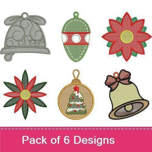 FSL Festive Holiday Ornaments Embroidery Designs Bundle – Christmas Tree, Bell, Candle & More (6 Designs)