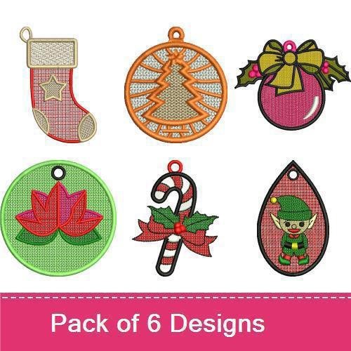 FSL Festive Holiday Ornaments Embroidery Designs Bundle – Christmas Tree, Stocking, Holly & More (6 Designs)