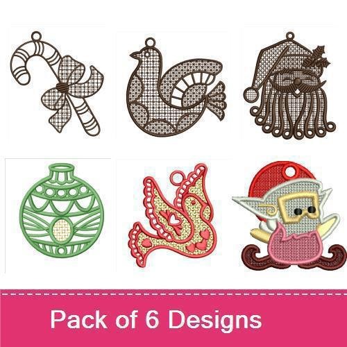 FSL Festive Holiday Ornaments Embroidery Designs Bundle – Bird Ornament, Candy Cane, Santa Claus & More (6 Designs)