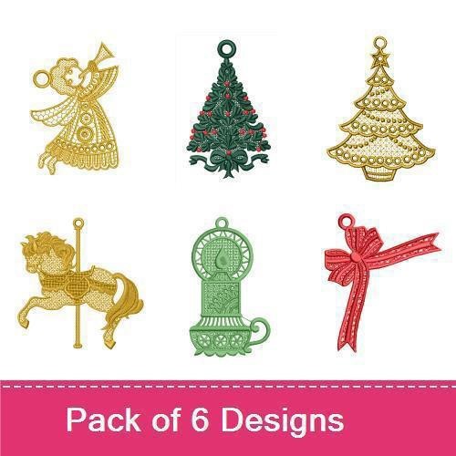 FSL Festive Holiday Ornaments Embroidery Designs Bundle – Christmas Tree, Angel, Decorative Tree & More (6 Designs)