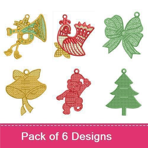 FSL Festive Holiday Ornaments Embroidery Designs Bundle – Bears, Horn, Rooster & More (6 Designs)