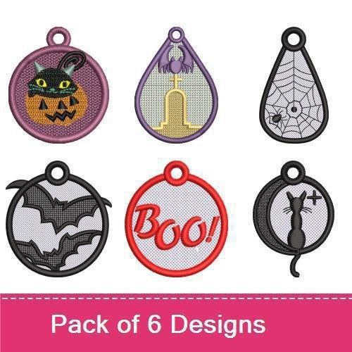 FSL Halloween Lace Charms Embroidery Designs Bundle – Black Cat Pumpkin, Spider Web, Ghost & More (6 Designs)