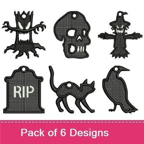 FSL Spooky Halloween Embroidery Designs Bundle – Halloween Tree, Skull, Black Cat & More (6 Designs)