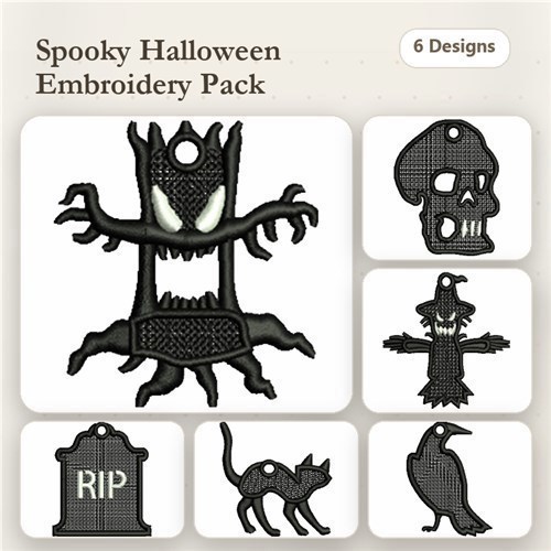 FSL Spooky Halloween Embroidery Designs Bundle – Halloween Tree, Skull, Black Cat & More (6 Designs)