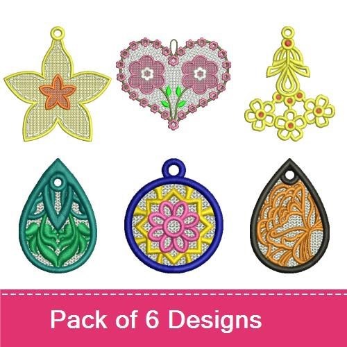 FSL Floral Lace Charms Embroidery Designs Bundle – Flower Charm, Heart Charm, Floral Droplet Charm & More (6 Designs)