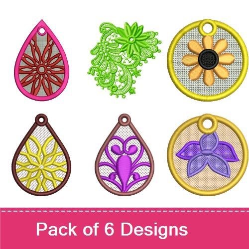 FSL Floral Lace Embroidery Designs Bundle – Green Floral Lace, Pink Teardrop Ornament, Red Teardrop Ornament & More (6 Designs)