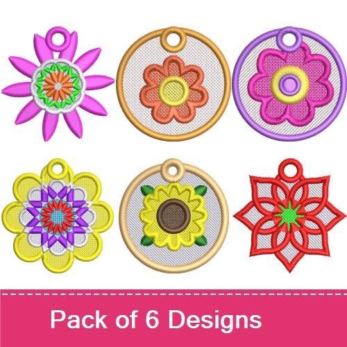 FSL Colorful Floral Embroidery Bundle – Flower Pendant with Pink Petals, Circular Flower Ornament, Yellow Flower Ornament & More (6 Designs)
