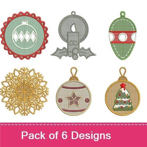 FSL Christmas Ornament Embroidery Designs Bundle – Bauble, Holly, Traditional Ornament & More (6 Designs)