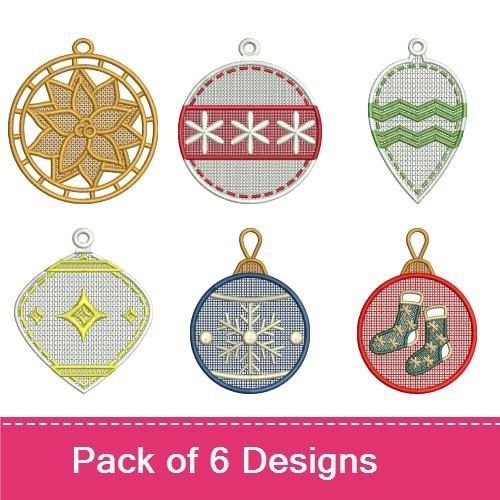 FSL Festive Ornaments Embroidery Designs Bundle – Snowflake, Star, Red and White & More (6 Designs)