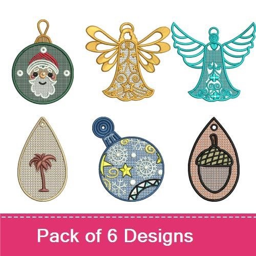 FSL Festive Holiday Ornaments Embroidery Designs Bundle – Santa, Angel, Palm Tree & More (6 Designs)