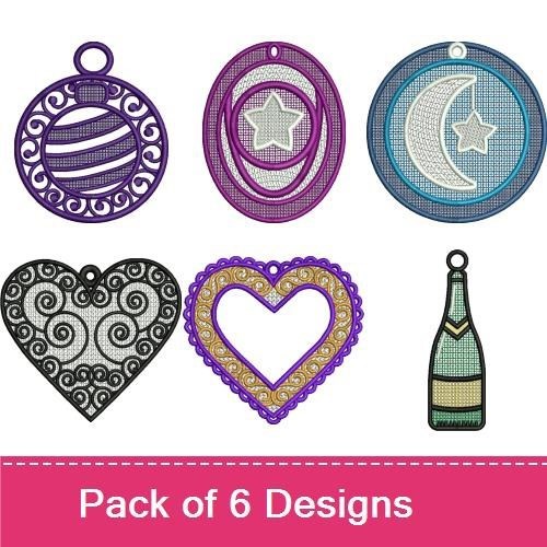 FSL Cutwork Ornaments Embroidery Designs Bundle – Ornament with Swirls, Star Ornament, Moon Ornament & More (6 Designs)