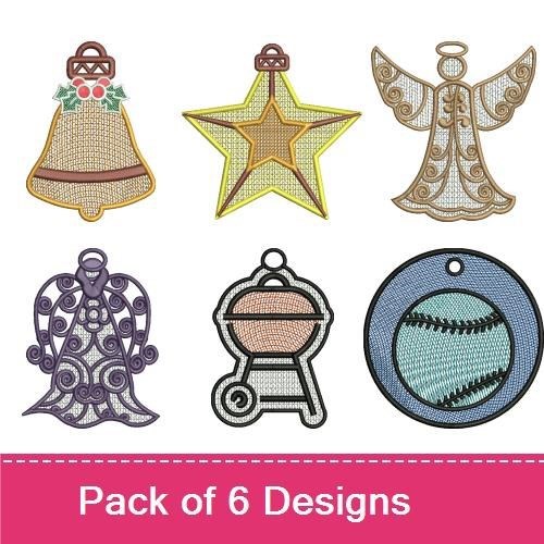 FSL Holiday Charms Embroidery Designs Bundle – Bell with Holly, Star Decoration, Angel Ornament & More (6 Designs)