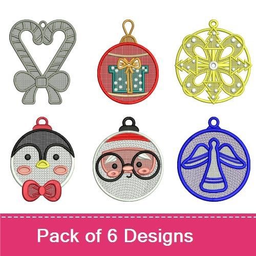 FSL Festive Holiday Ornaments Embroidery Designs Bundle – Gift, Penguin, Candy Cane & More (6 Designs)