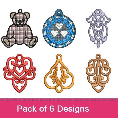 FSL Elegant Lace Ornaments Embroidery Bundle – Heart Ornament, Teddy Bear Ornament, Floral Medallion & More (6 Designs)