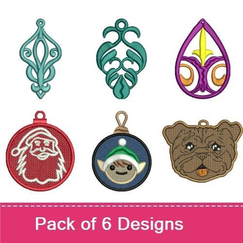 FSL Festive Ornament Embroidery Designs Bundle – Pug Ornament, Santa Ornament, Egg Ornament & More (6 Designs)