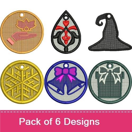 FSL Holiday Charm Embroidery Designs Bundle – Christmas Bell, Witch Hat, Snowflake Ornament & More (6 Designs)