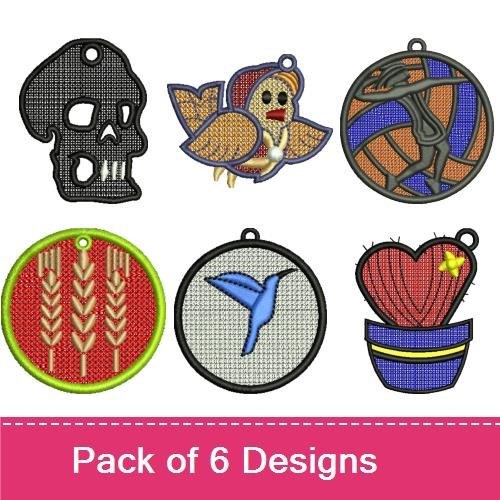 FSL Various Charm Embroidery Designs Bundle – Hummingbird, Skull, Fish, Baseball, Wheat & More (6 Designs)