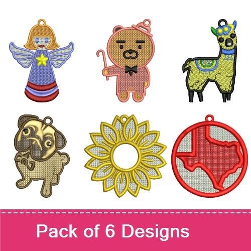 FSL Whimsical Charms Embroidery Designs Bundle – Sunflower Ornament, Angel Ornament, Bear Keychain & More (6 Designs)