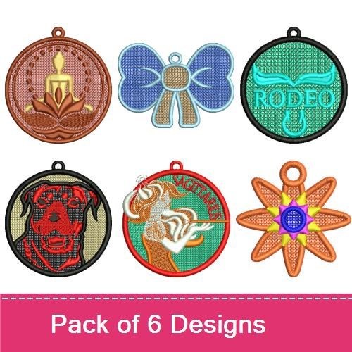 FSL Eclectic Charm Embroidery Designs Bundle – Lotus Candle, Bow Charm, Dog Charm & More (6 Designs)