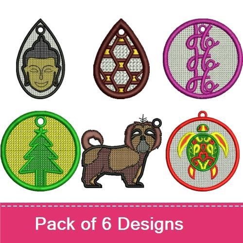 FSL Charm Embroidery Designs Bundle – Turtle, Buddha, Leaf, Christmas Tree & More (6 Designs)