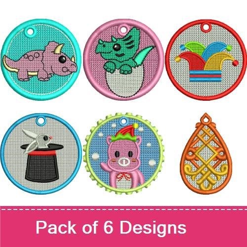 FSL Cute Critters & Magical Elements Embroidery Designs Bundle – Triceratops Tag, Dragon Tag, Magic Hat Tag & More (6 Designs)