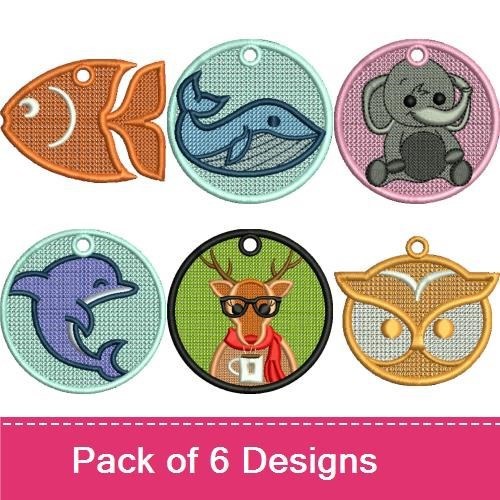 FSL Cute Animal Embroidery Designs Bundle – Elephant, Fish, Dolphin, Reindeer & More (6 Designs)