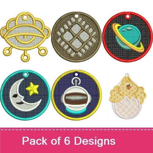 FSL Space-Themed Charm Embroidery Designs Bundle – Planet, Moon, Ice Cream & More (6 Designs)