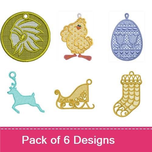 FSL Festive Holiday Embroidery Designs Bundle – Sleigh Ornament, Pine Cone Ornament, Chick Ornament & More (6 Designs)
