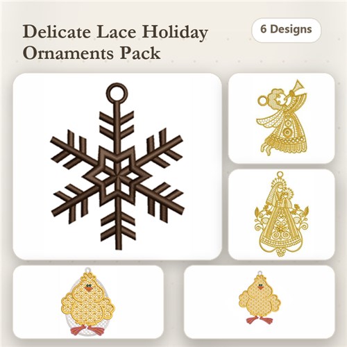 FSL Holiday Ornaments Embroidery Bundle – Snowflake, Angel, Bell, Chick & More (6 Designs)