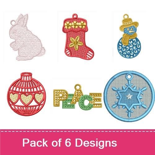 FSL Holiday Ornaments Embroidery Designs Bundle – Christmas Stocking, Snowman, Bunny & More (6 Designs)