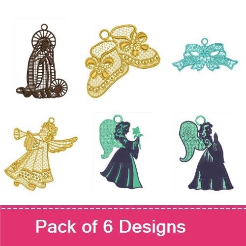 FSL Angels and Baby Motifs Embroidery Designs Bundle – Angel with Trumpet, Baby Booties, Sleeping Baby & More (6 Designs)