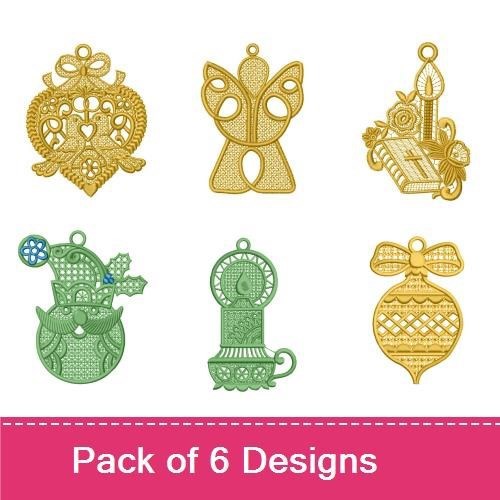 FSL Holiday Ornament Embroidery Designs Bundle – Heart with Birds, Angel, Christmas Basket & More (6 Designs)