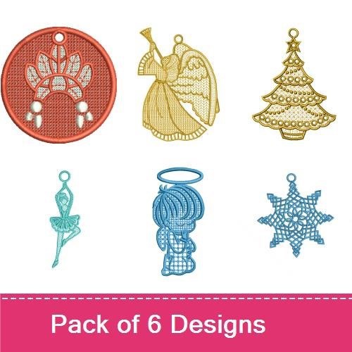 FSL Delicate Lace Ornaments Embroidery Designs Bundle – Christmas Tree, Angel, Snowflake & More (6 Designs)