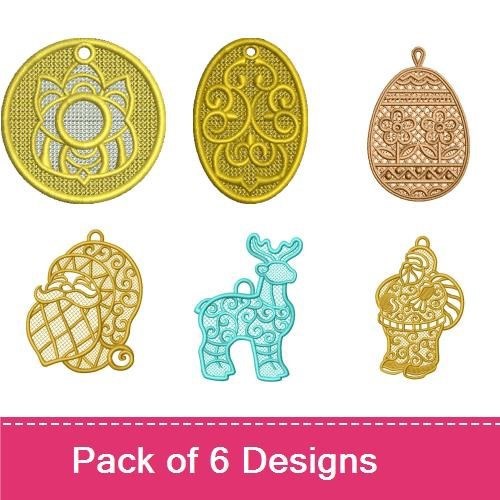 FSL Festive Lace Ornaments Embroidery Bundle – Lotus, Decorative Egg, Reindeer & More (6 Designs)