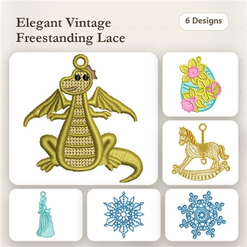 FSL Elegant Vintage Freestanding Lace Embroidery Designs Bundle – Dragon Ornament, Easter Egg with Flowers, Rocking Horse Ornament & More (6 Designs)