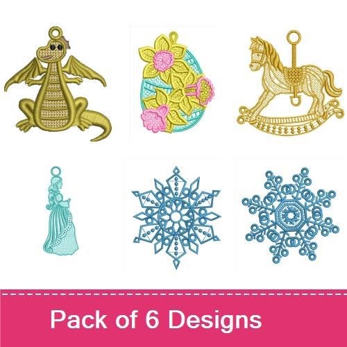 FSL Elegant Vintage Freestanding Lace Embroidery Designs Bundle – Dragon Ornament, Easter Egg with Flowers, Rocking Horse Ornament & More (6 Designs)