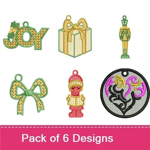 FSL Festive Holiday Ornaments Embroidery Designs Bundle – Joy, Gift Box, Bow & More (6 Designs)