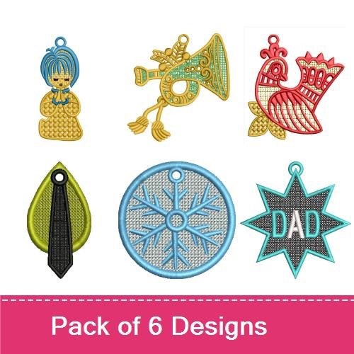 FSL Vintage Holiday Ornaments Embroidery Designs Bundle – Praying Angel, Horn, Rooster & More (6 Designs)