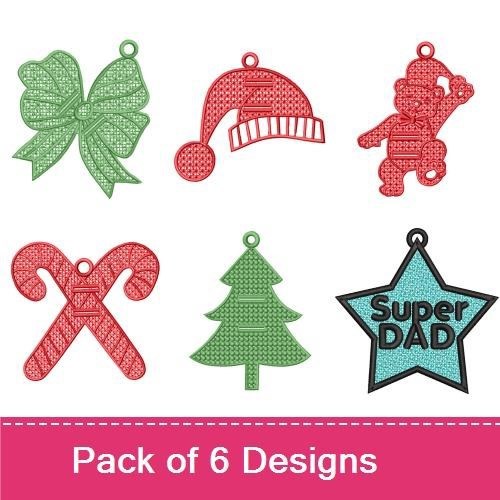 FSL Festive Holiday Ornaments Embroidery Designs Bundle – Teddy Bear, Gift Bow, Christmas Tree & More (6 Designs)