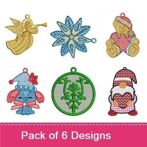 FSL Christmas Ornament Embroidery Designs Bundle – Angel, Snowflake, Teddy Bear & More (6 Designs)