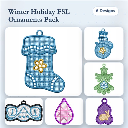 FSL Winter Holiday Ornaments Embroidery Designs Bundle – Stocking, Snowman, Christmas Tree & More (6 Designs)