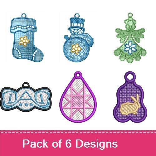 FSL Winter Holiday Ornaments Embroidery Designs Bundle – Stocking, Snowman, Christmas Tree & More (6 Designs)
