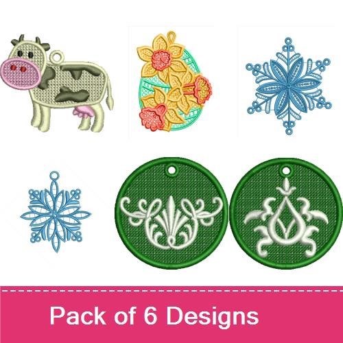 FSL Mixed Motifs Embroidery Designs Bundle – Cow Ornament, Flower Egg, Snowflake 1 & More (6 Designs)