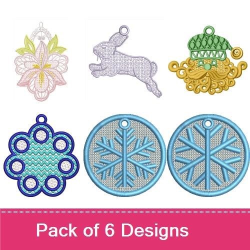 FSL Winter & Spring Ornament Embroidery Bundle – Flower, Snowflake, Gingerbread Rabbit & More (6 Designs)