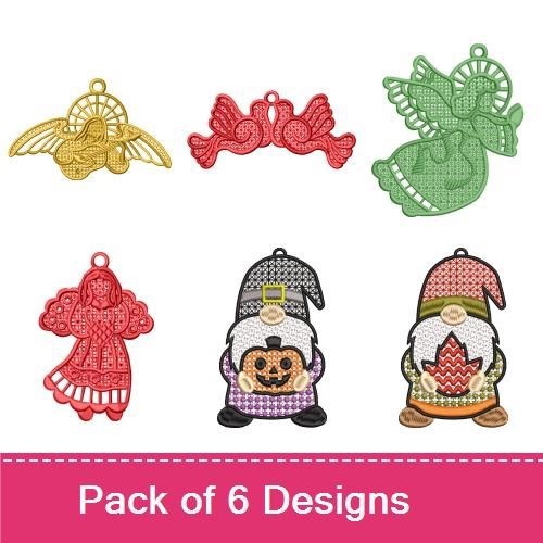 FSL Angels & Gnomes Embroidery Designs Bundle – Angel Ornament, Gnome with Hat, Bow Ornament & More (6 Designs)